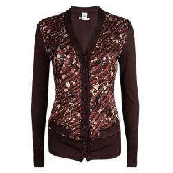 Hermes Brown Printed Silk Ribbed Trim Cardigan S