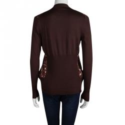 Hermes Brown Printed Silk Ribbed Trim Cardigan S