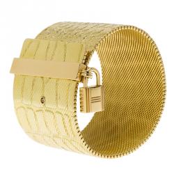 Hermes Croc Embossed Milanese Link and Padlock 18k Yellow Gold Wide Cuff Bracelet