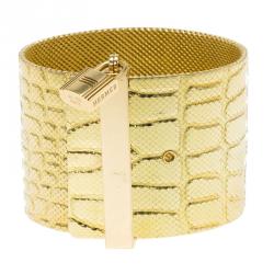 Hermes Croc Embossed Milanese Link and Padlock 18k Yellow Gold Wide Cuff Bracelet