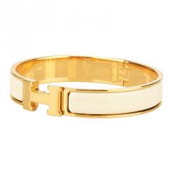 Hermes Clic-Clac H Cream Enamel Gold Plated Bracelet