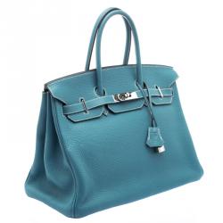 Hermes Blue Azure Clemence Leather Palladium Hardware Birkin 35 Bag