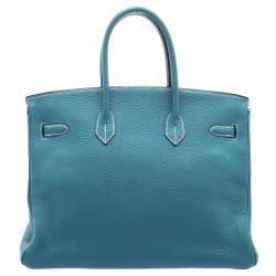 Hermes Blue Azure Clemence Leather Palladium Hardware Birkin 35 Bag