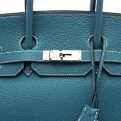 Hermes Blue Azure Clemence Leather Palladium Hardware Birkin 35 Bag