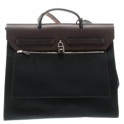 Pre Owned Hermes Dark Brown/Black Leather and Canvas Herbag Zip 39 Bag