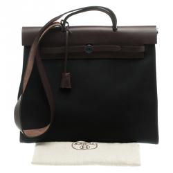 Pre Owned Hermes Dark Brown/Black Leather and Canvas Herbag Zip 39 Bag