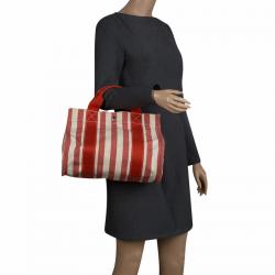 Pre Owned حقيبة يد هيرمس بيتش PM كينز كانفاس مخططة بيضاء وحمراء