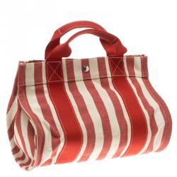 Pre Owned حقيبة يد هيرمس بيتش PM كينز كانفاس مخططة بيضاء وحمراء