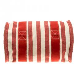 Pre Owned حقيبة يد هيرمس بيتش PM كينز كانفاس مخططة بيضاء وحمراء