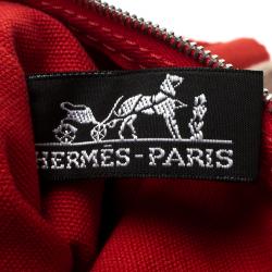 Pre Owned حقيبة يد هيرمس بيتش PM كينز كانفاس مخططة بيضاء وحمراء