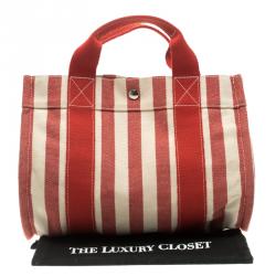 Pre Owned حقيبة يد هيرمس بيتش PM كينز كانفاس مخططة بيضاء وحمراء