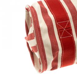 Pre Owned حقيبة يد هيرمس بيتش PM كينز كانفاس مخططة بيضاء وحمراء