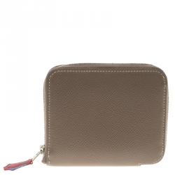 Pre Owned Hermes Taupe Veau Grain Lisse Leather Silk In Compact Wallet