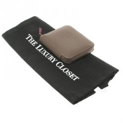 Pre Owned Hermes Taupe Veau Grain Lisse Leather Silk In Compact Wallet