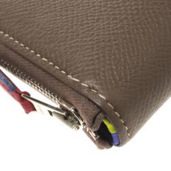 Pre Owned Hermes Taupe Veau Grain Lisse Leather Silk In Compact Wallet