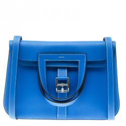 Pre Owned Hermes Bleu Electrique Clemence Leather Halzan 31 Bag