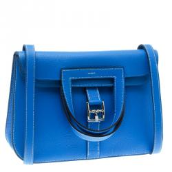 Pre Owned Hermes Bleu Electrique Clemence Leather Halzan 31 Bag