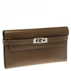 Pre Owned Hermes Olive Barenia Box Calf Leather Long Kelly Wallet 