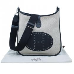 Hermes Beige and Black Clemence Leather GM Evelyne III Ucre Twill Messenger Bag