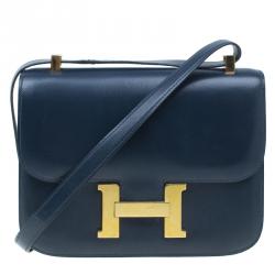 مملوكة مسبقًا Hermes Blue De Malte Epsom Calfskin Box Constance Shoulder Bag