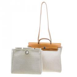 مملوكة مسبقًا Hermes Tan Leather and Beige Toile Canvas Large Herbag