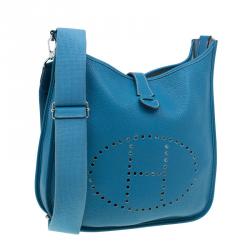 Pre Owned Hermes Blue Clemence Leather Evelyne III GM