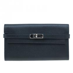 Hermes Black Grain d'H Leather Palladium Plated Kelly Wallet