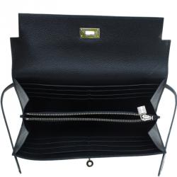 Hermes Black Grain d'H Leather Palladium Plated Kelly Wallet