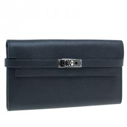 Hermes Black Grain d'H Leather Palladium Plated Kelly Wallet