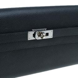 Hermes Black Grain d'H Leather Palladium Plated Kelly Wallet
