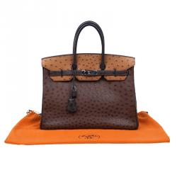 Hermes Brown Tri Color Ostrich Leather Palladium Birkin 35 Bag