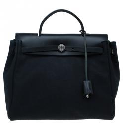 Pre Owned Hermes Beige/Black Canvas and Vache Calfskin Leather 2-in-1 Herbag PM Bag