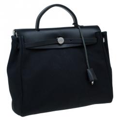 Pre Owned Hermes Beige/Black Canvas and Vache Calfskin Leather 2-in-1 Herbag PM Bag