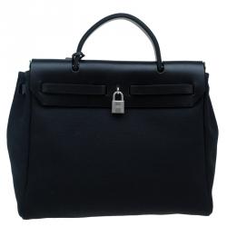 Pre Owned Hermes Beige/Black Canvas and Vache Calfskin Leather 2-in-1 Herbag PM Bag