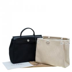 Pre Owned Hermes Beige/Black Canvas and Vache Calfskin Leather 2-in-1 Herbag PM Bag