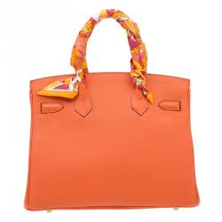 Pre Owned Hermes Orange Togo Leather Gold Hardware Birkin 30 Bag with Twilly Scarf