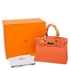 Pre Owned Hermes Orange Togo Leather Gold Hardware Birkin 30 Bag with Twilly Scarf