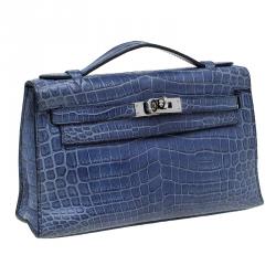 Hermes Blue Niloticus Crocodile Palladium Kelly Pochette