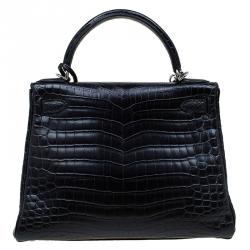 Pre Owned Hermes Black Niloticus Crocodile Palladium Hardware Kelly Retourne 28 Bag