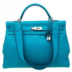 Pre Owned Hermes Turquoise Clemence Leather Palladium Hardware Kelly Retourne 40 Bag
