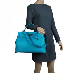 Pre Owned Hermes Turquoise Clemence Leather Palladium Hardware Kelly Retourne 40 Bag