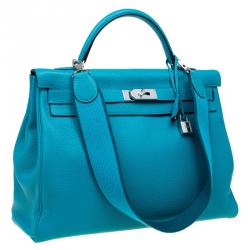 Pre Owned Hermes Turquoise Clemence Leather Palladium Hardware Kelly Retourne 40 Bag