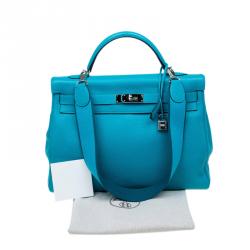Pre Owned Hermes Turquoise Clemence Leather Palladium Hardware Kelly Retourne 40 Bag