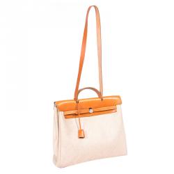 Hermes Beige and Orange Canvas and Vache Calfskin Leather Herbag GM Bag