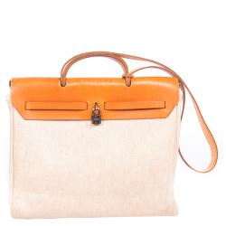 Hermes Beige and Orange Canvas and Vache Calfskin Leather Herbag GM Bag