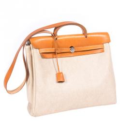 Hermes Beige and Orange Canvas and Vache Calfskin Leather Herbag GM Bag