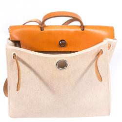 Hermes Beige and Orange Canvas and Vache Calfskin Leather Herbag GM Bag