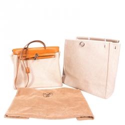 Hermes Beige and Orange Canvas and Vache Calfskin Leather Herbag GM Bag