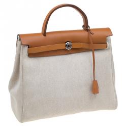 Pre Owned Hermes Tan/Beige Leather and Canvas Herbag 2 in 1