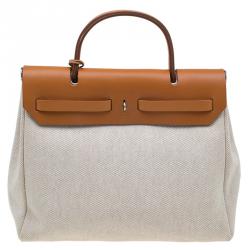 Pre Owned Hermes Tan/Beige Leather and Canvas Herbag 2 in 1